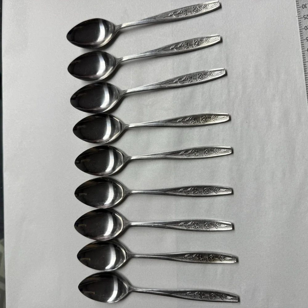 9 Vintage Customcraft CUS1 Dinner Place Spoons Roses Stainless Steel Flatware
